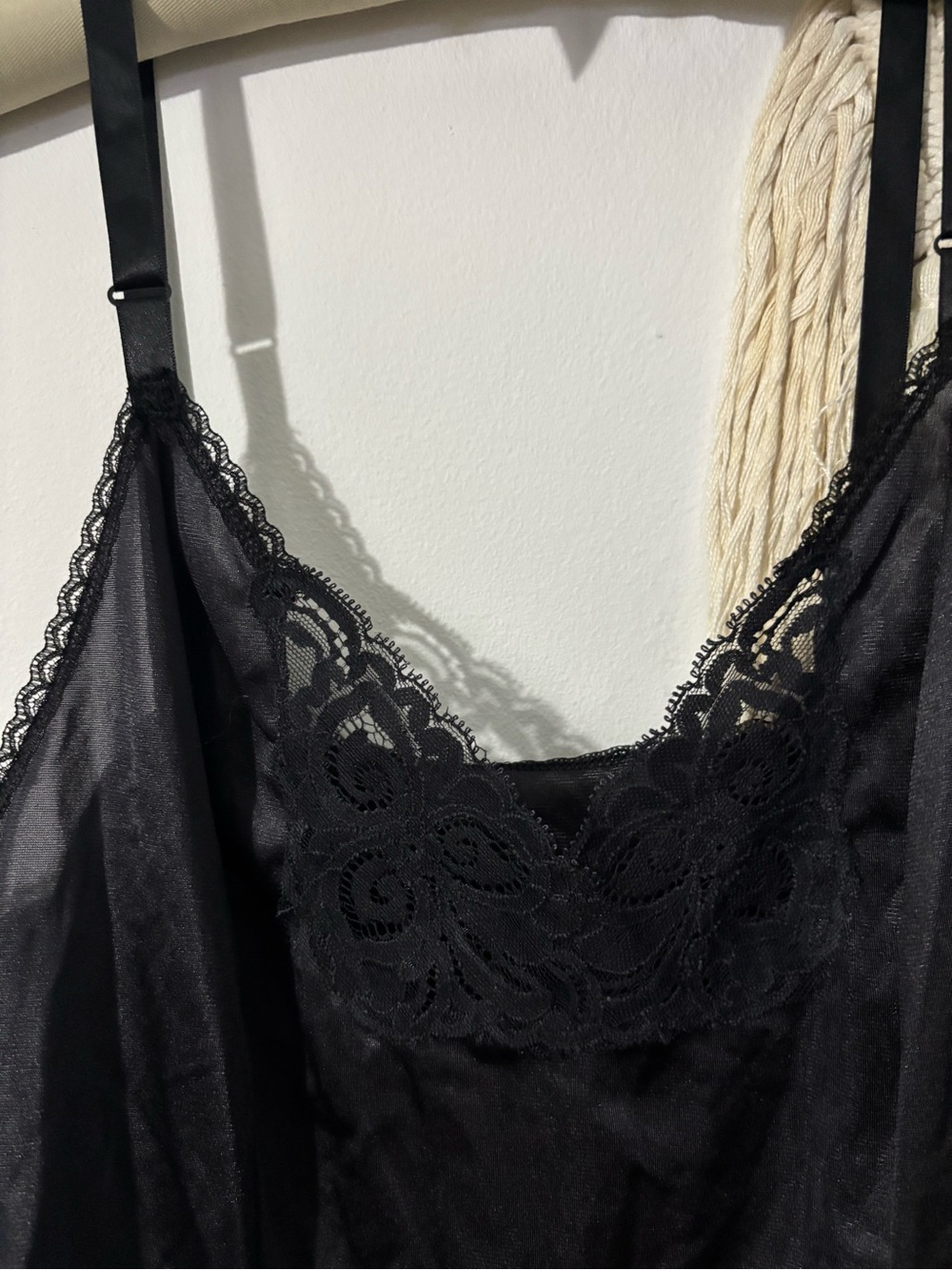 Vintage Bali Black Lace-Trim Satin Chemise Top